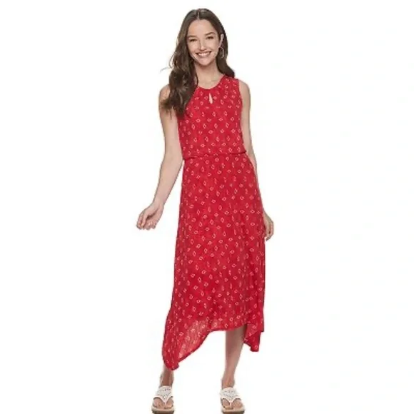 Dana Buchman Sleeveless Sharkbite Dress Red Geo long petite medium flowy women​ - Picture 14 of 16